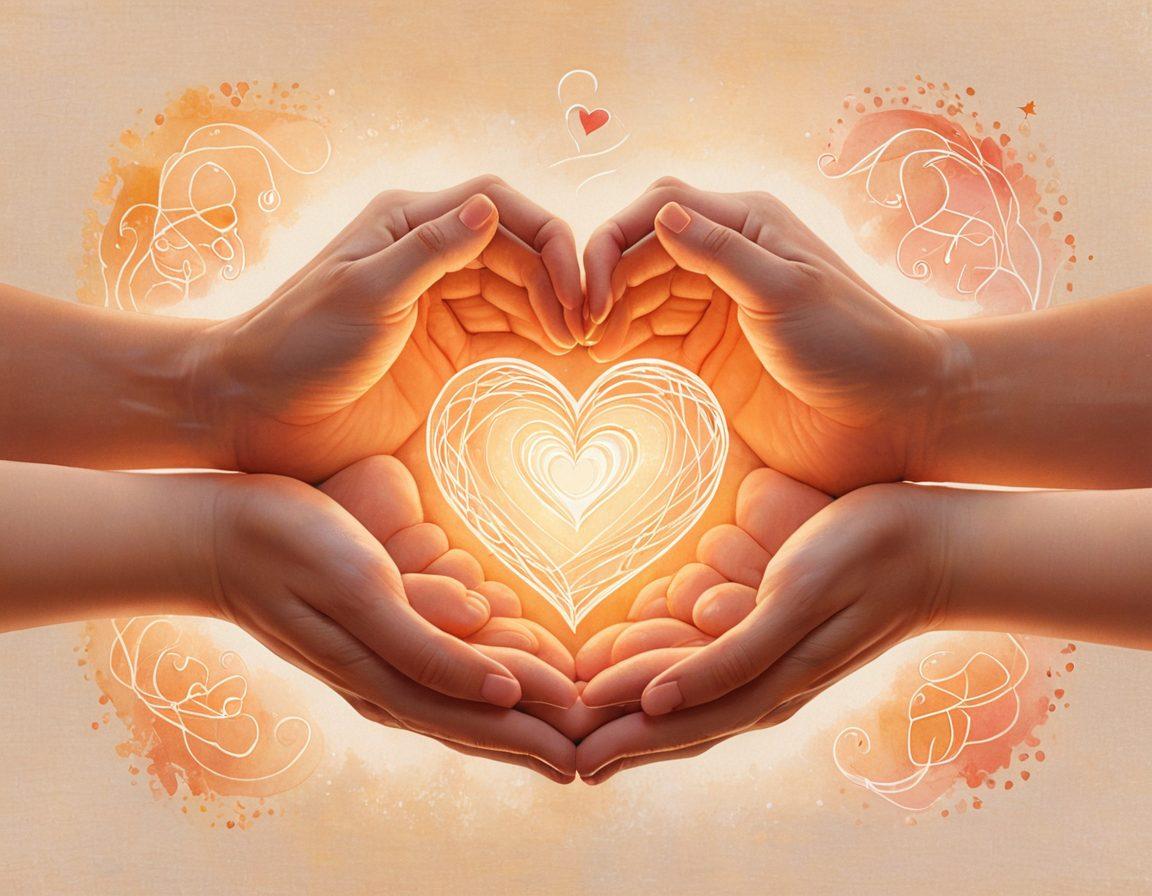 An open heart embracing a family of diverse parents and children, surrounded by glowing orbs symbolizing emotional support and connection. Soft, warm colors create a comforting atmosphere, with gentle hand-drawn lines that evoke a sense of care and nurturing. Various symbols of love like hearts and intertwined hands subtly woven in the background to enhance the theme of connection. watercolor style. warm tones. soft edges.