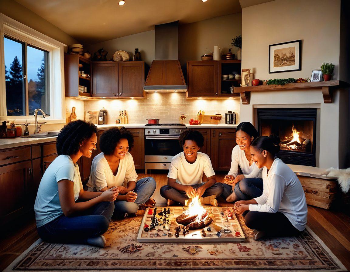 A heartwarming family scene showcasing diverse family members engaged in various activities that promote bonding, such as cooking together, playing games, and sharing stories around a cozy fireplace. Surround the scene with soft, warm lighting to evoke a sense of togetherness and love. Incorporate elements like photographs on a wall and handcrafted items to emphasize creativity and personal touches. super-realistic. warm colors. soft focus.
