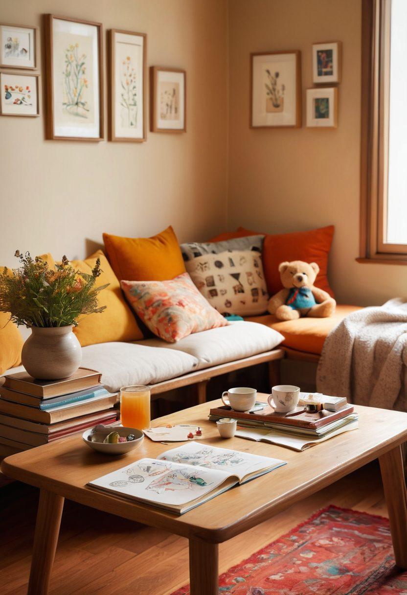 A cozy home scene featuring a mother and child engaged in a joyful activity, surrounded by soft natural light and warm colors. Elements like books, toys, and family photos add a personal touch, symbolizing strong family ties and nurturing bonds. Include a beanbag, a tea set, and drawings on the walls to enhance the homey atmosphere. super-realistic. warm colors. soft focus.